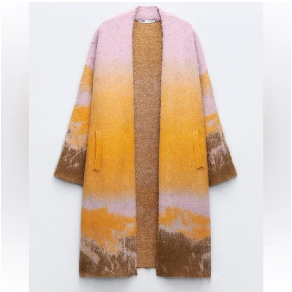 Zara Alpaca Wool blend Colorful Knit Wrap Coat, Long Cardigan, Lilac & Orange, M - Picture 6 of 16
